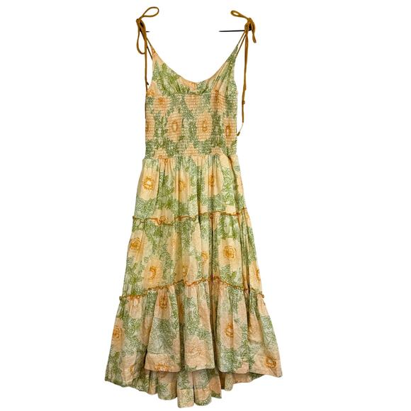 NWT Free People Adriel Midi Shirred Dress Floral Yellow Green $168 - S - Picture 1 of 10